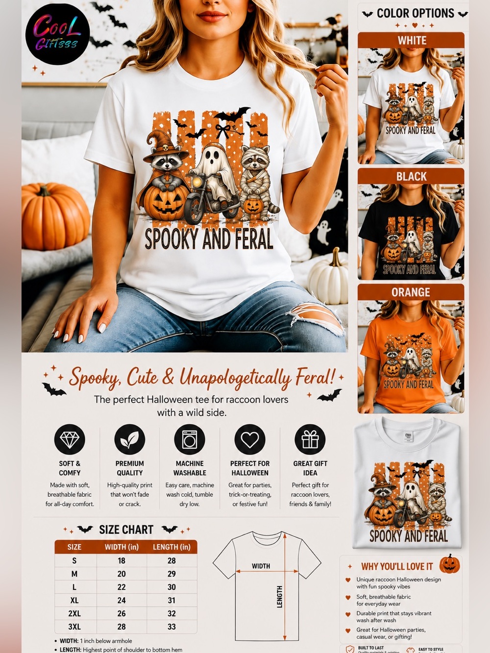Halloween Raccoon & Ghost Graphic Tee funny cute New made to order S M L XL